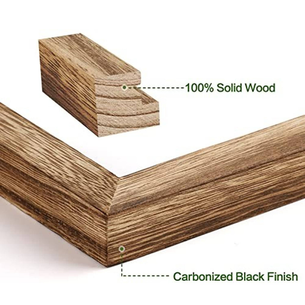 Close-up corner of a 4x6 picture frame with carbonized dark wood finish
