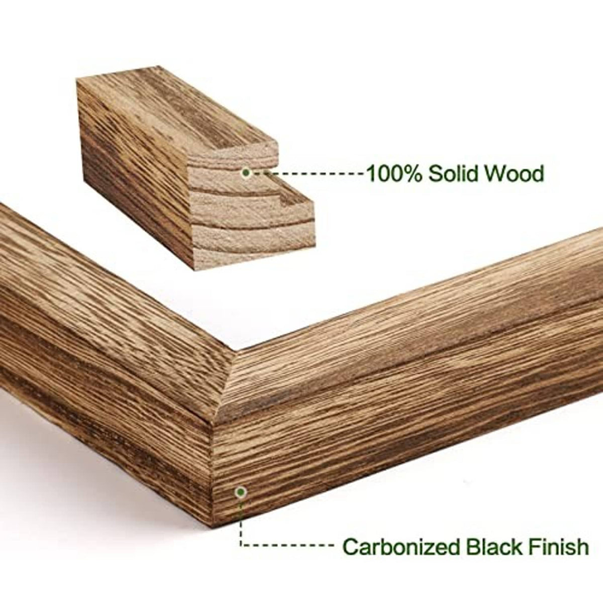 Close-up corner of a 4x6 picture frame with carbonized dark wood finish