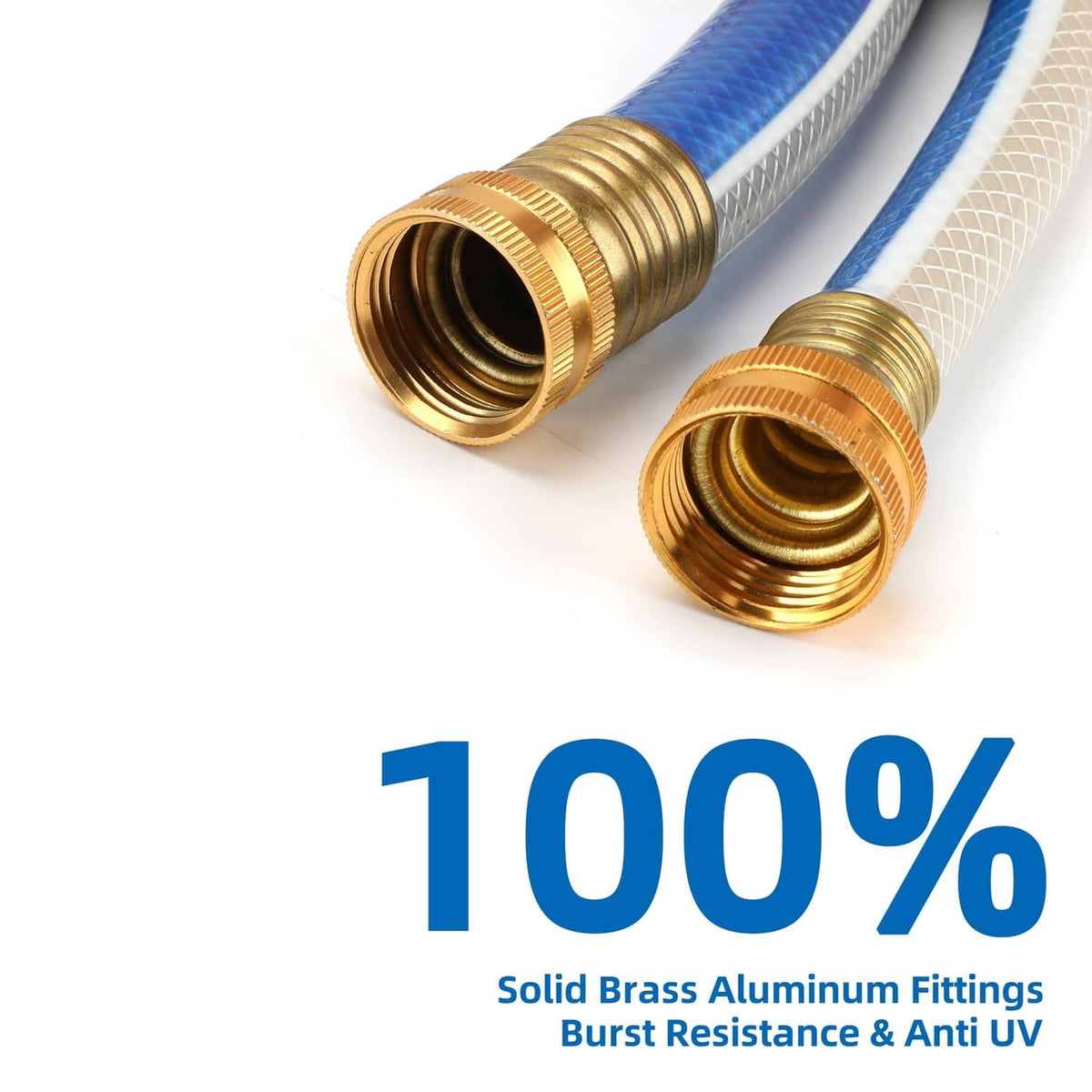 Blue garden hose with two brass threaded couplings, end caps facing up