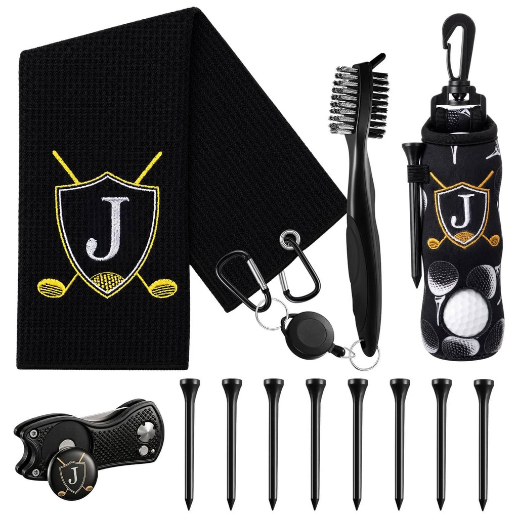 Black golf accessory kit with microfiber pouch, golf brush, divot tool, tees, and ball holder