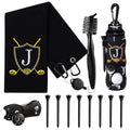 Black golf accessory kit with microfiber pouch, golf brush, divot tool, tees, and ball holder