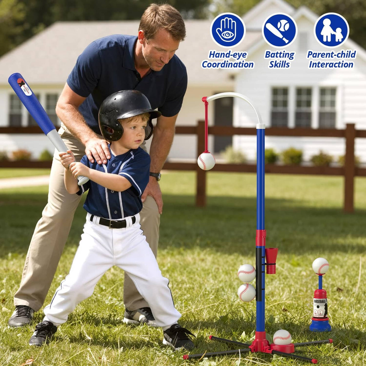 Kids baseball tee stand with blue/red pole and hanging launcher; white baseballs included