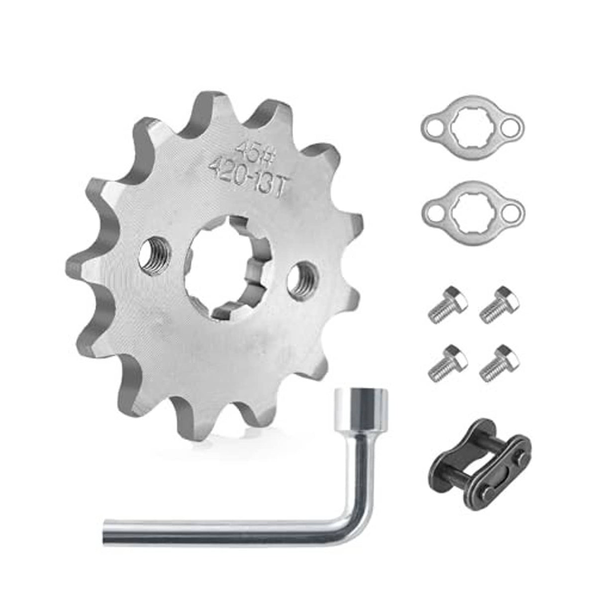 Silver metal front engine sprocket with mounting plates, screws, and L-shaped socket wrench