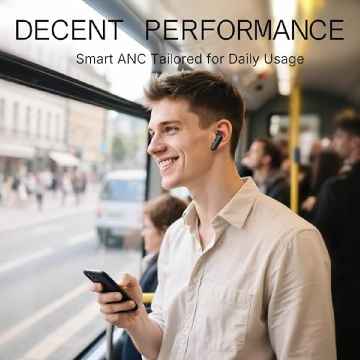 Man wearing dark wireless earbuds while holding a smartphone