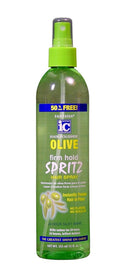 Olive oil firm hold hair spray bottle with spritz nozzle, green label