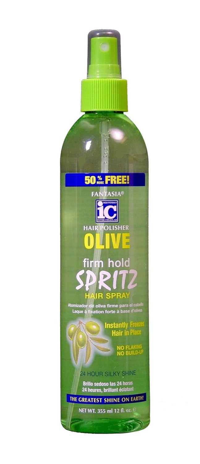 Olive oil firm hold hair spray bottle with spritz nozzle, green label
