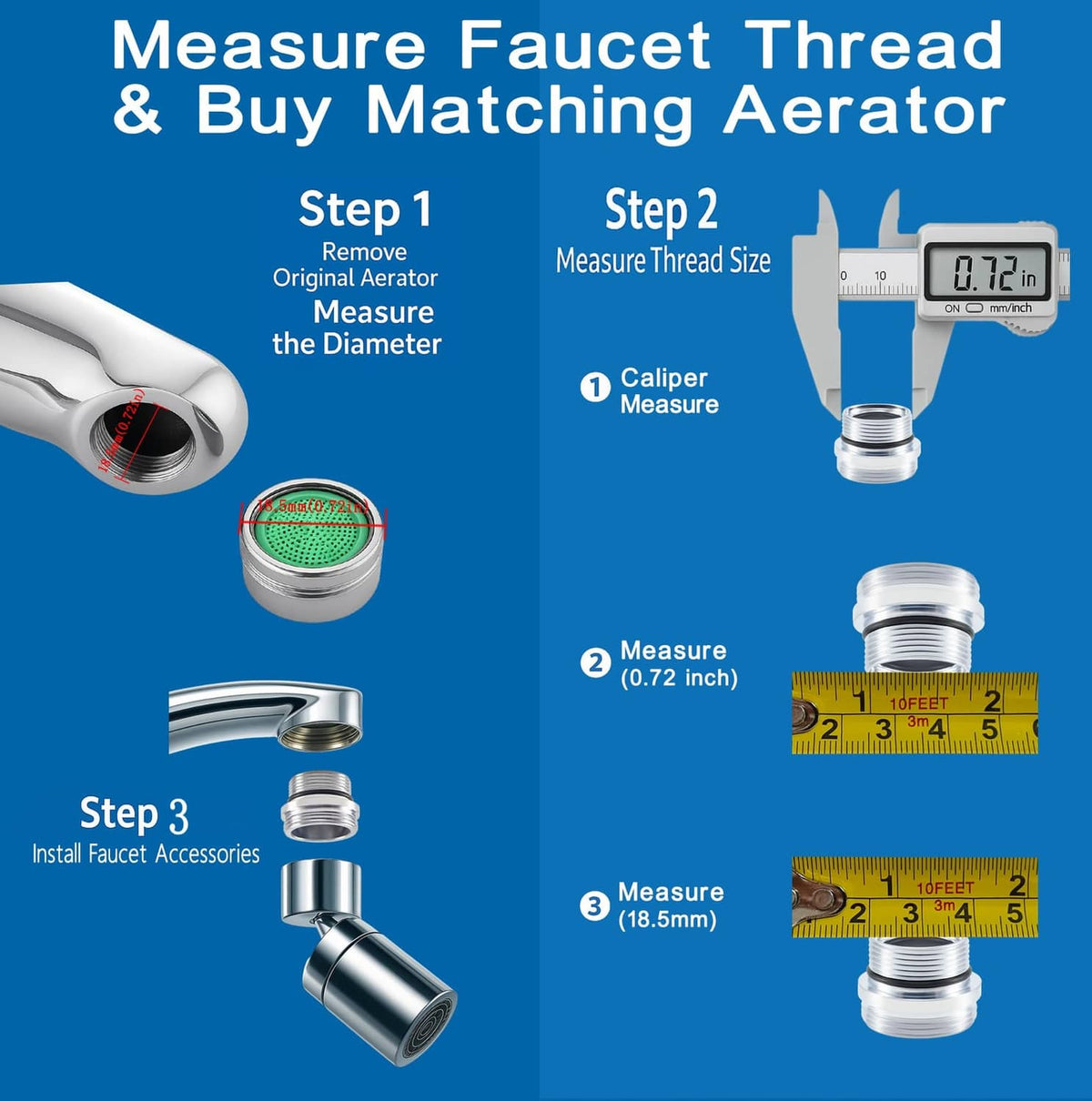 Faucet aerator adapter measuring and installation steps for matching thread size