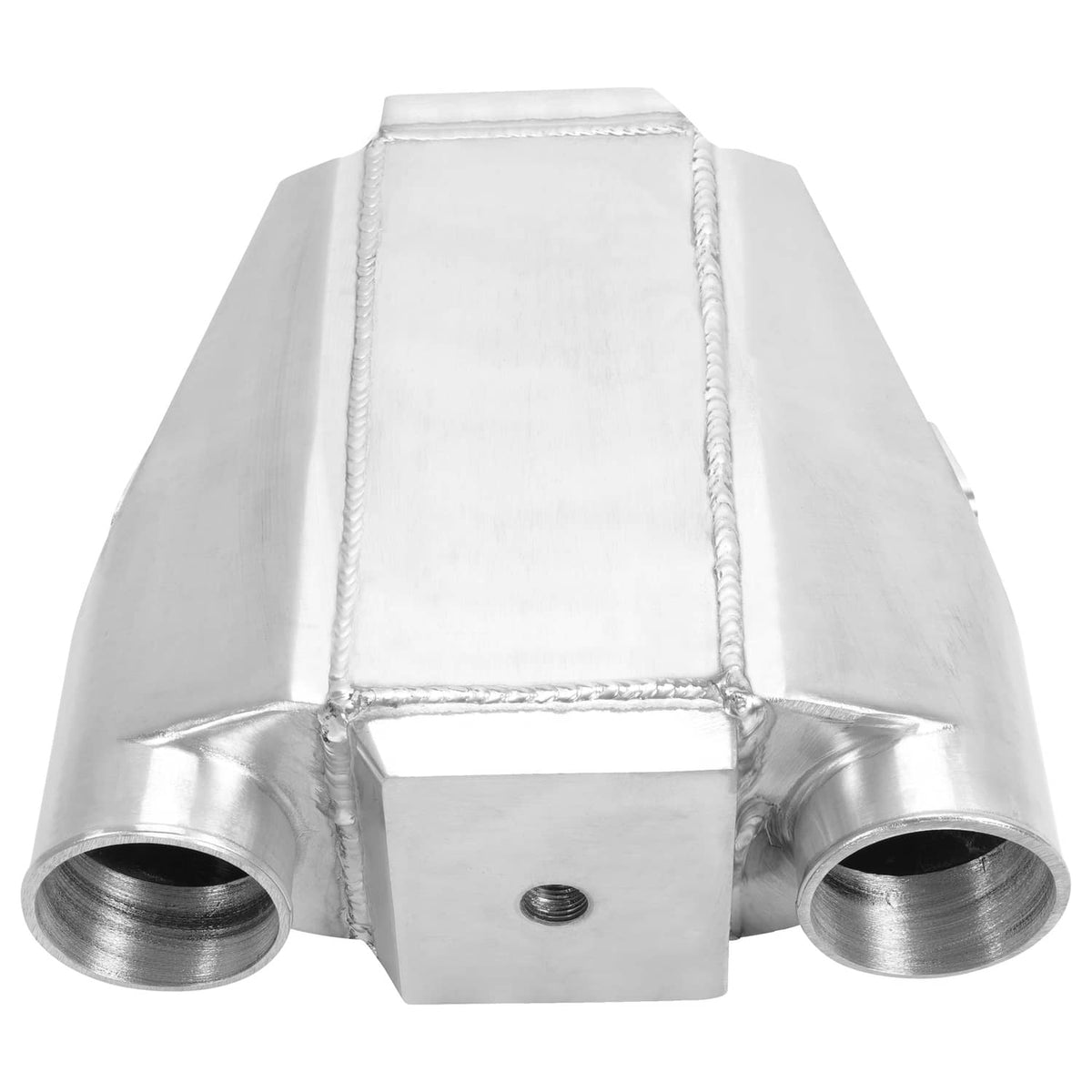 Universal air-to-water intercooler top-front view with two side ports and square center bracket