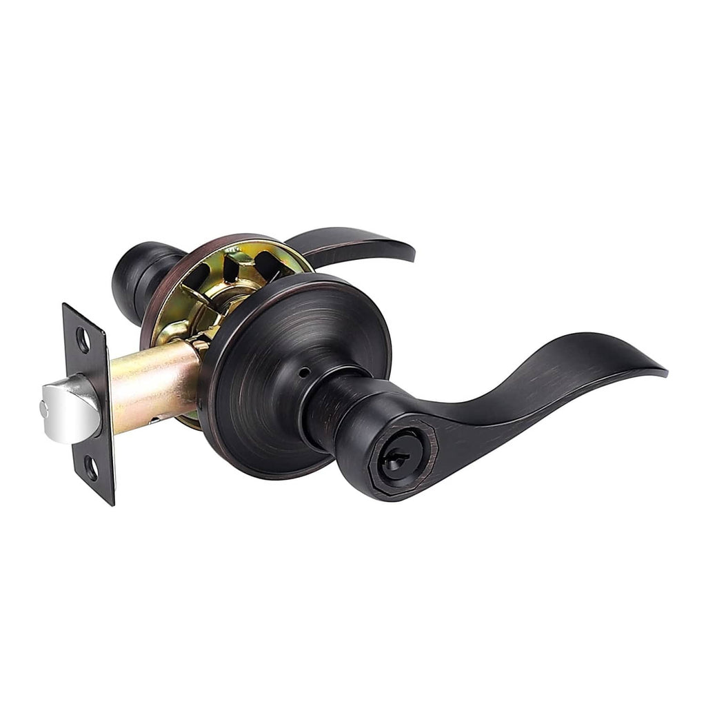 Keyed entry door lock with oil-rubbed bronze keyed cylinder and dark lever handle