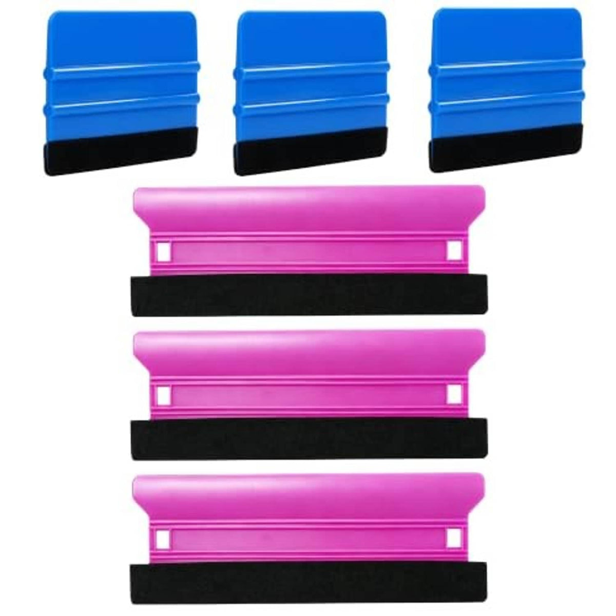 Six felt-edge scrapers in blue and pink with black pads for vinyl wrap