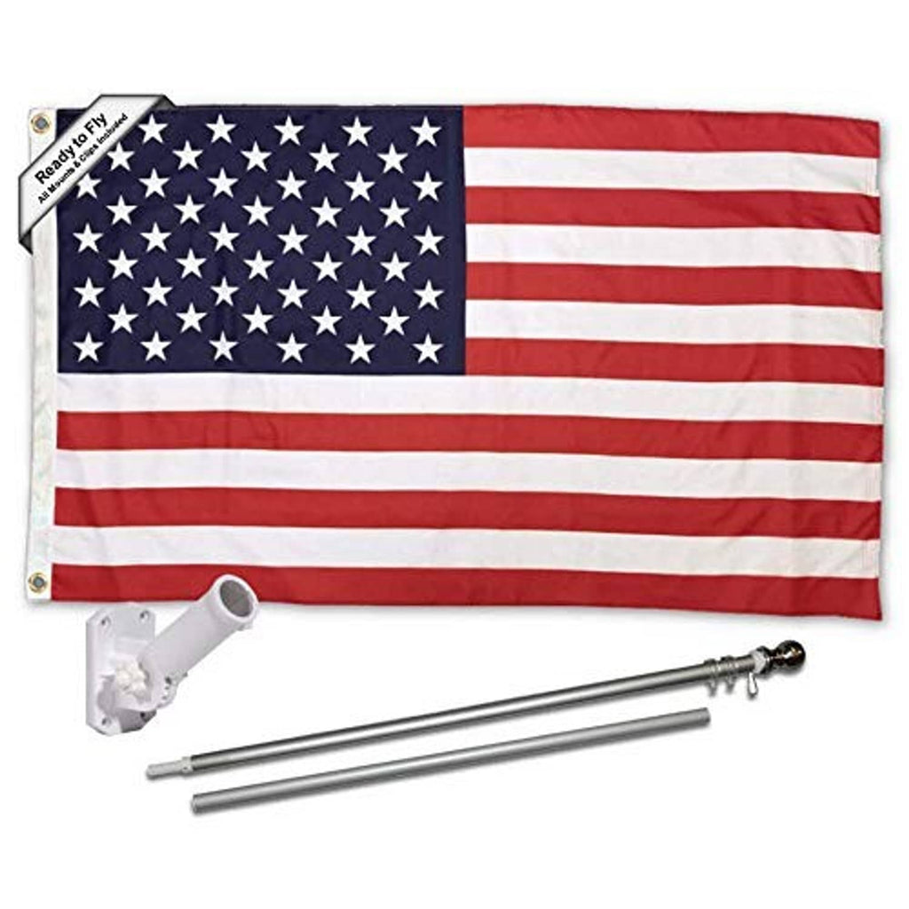 American flag with pole and mount kit accessories, including bracket and two metal pole rods
