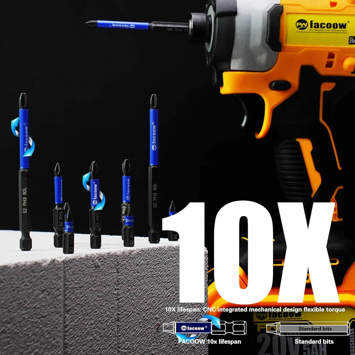 Phillips impact driver bits display with blue PH2 bits and black hex shanks