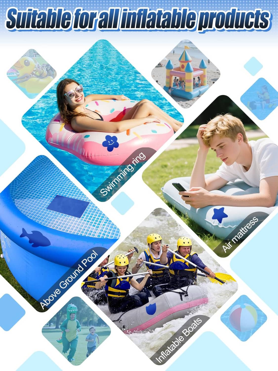 Dark blue pool liner repair patch with icons for inflatable pool accessories