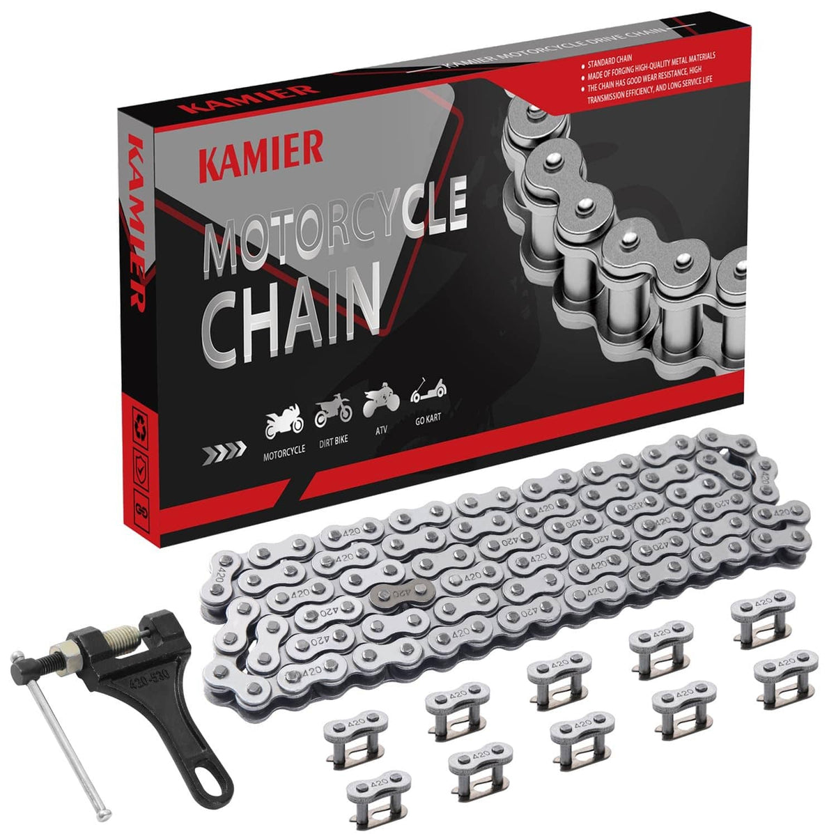 Silver motorcycle drive chain kit with 102 links and chain breaker tool