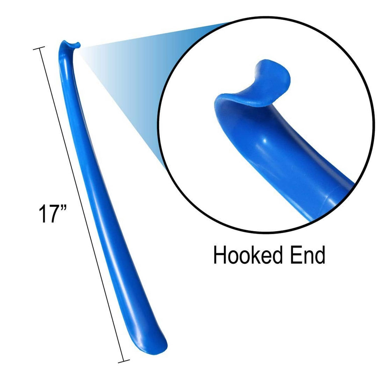 Blue reaching tool with hooked end for grabbing items from a distance
