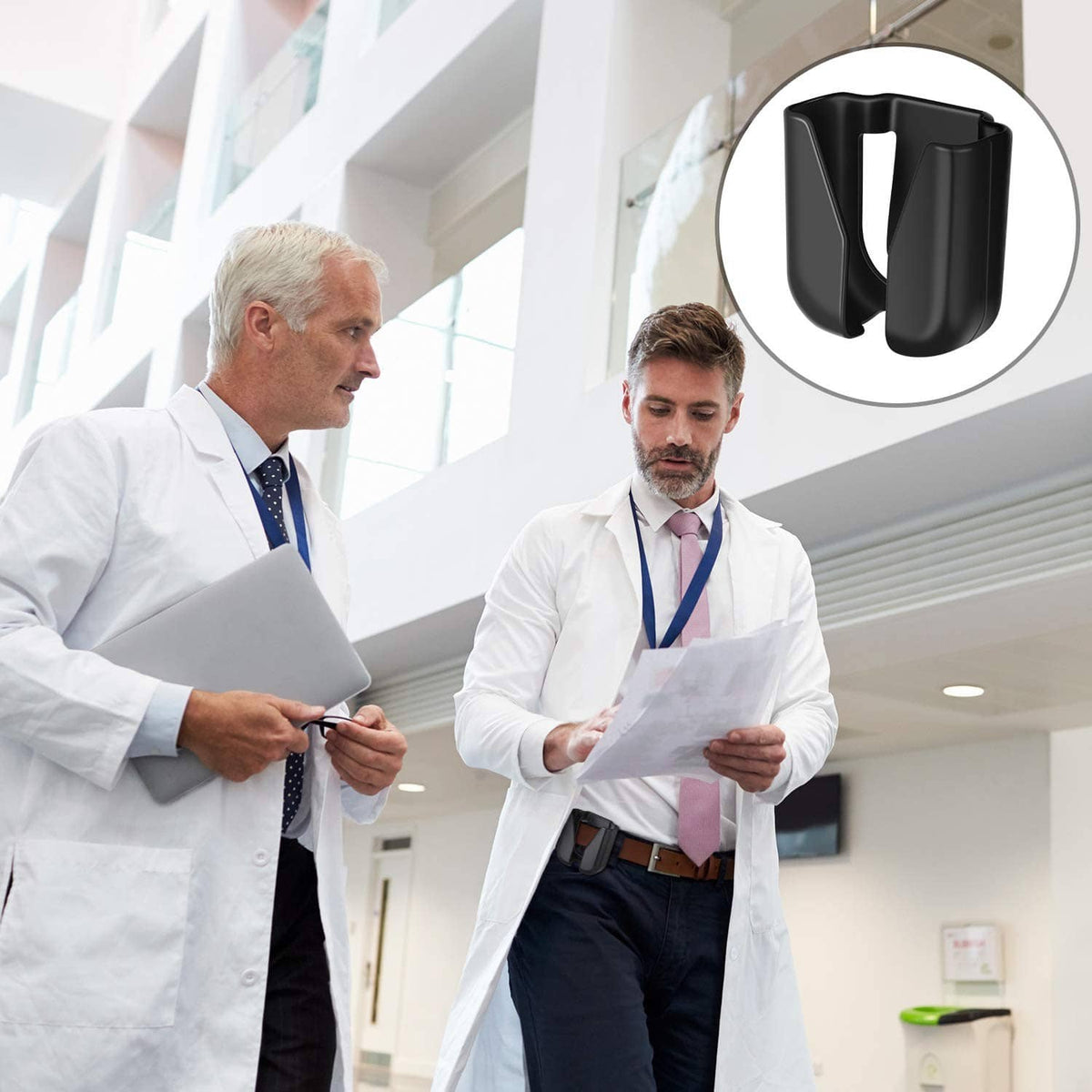 Black plastic stethoscope holder clip inset, open cradle design