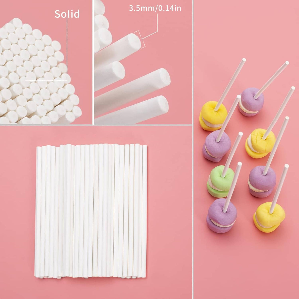 White cake pop sticks, transparent wrappers, and size details for 3.5mm diameter sticks