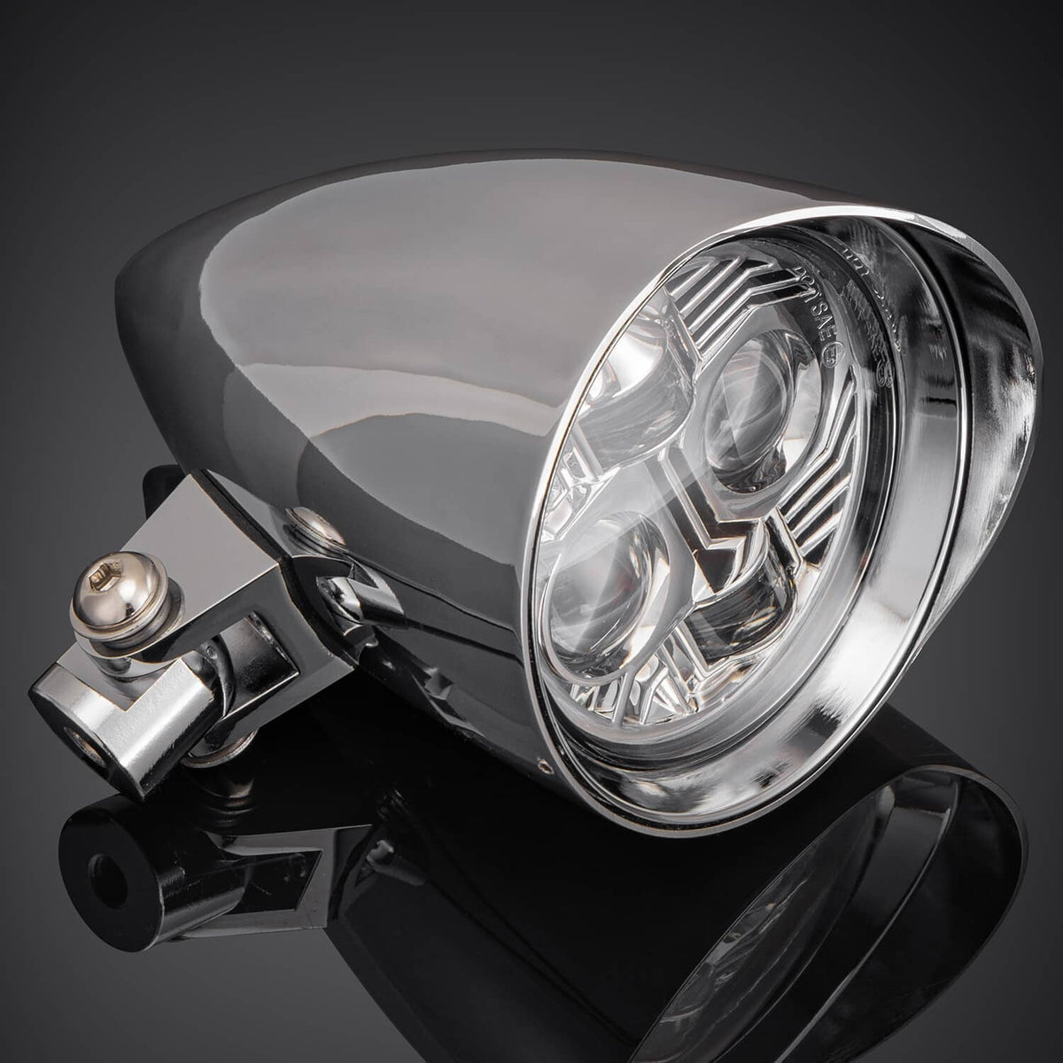 Chrome LED bullet headlight with clear lens and three-lamp reflector design
