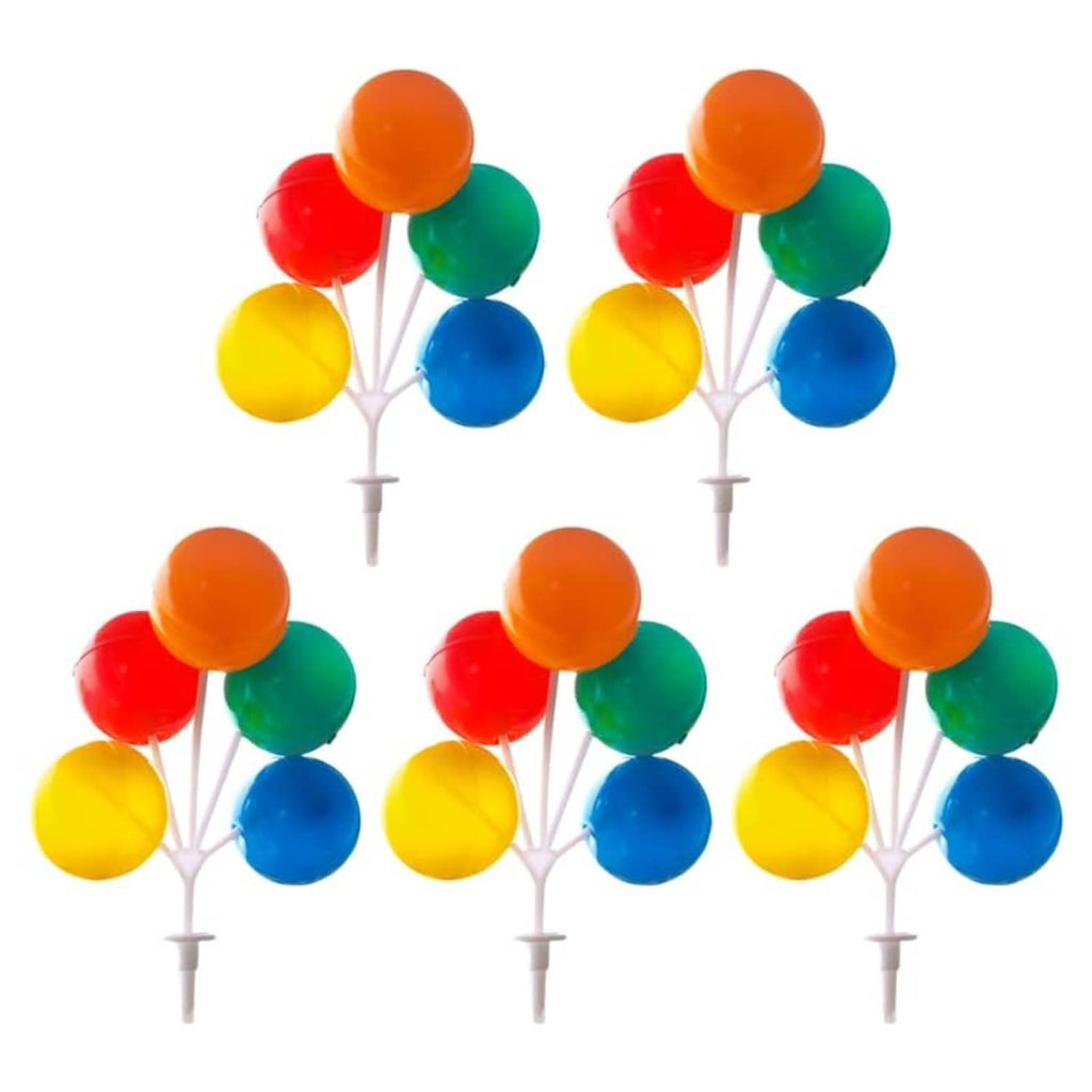 Mini plastic balloon cake topper with multicolor round balloons on a white pick