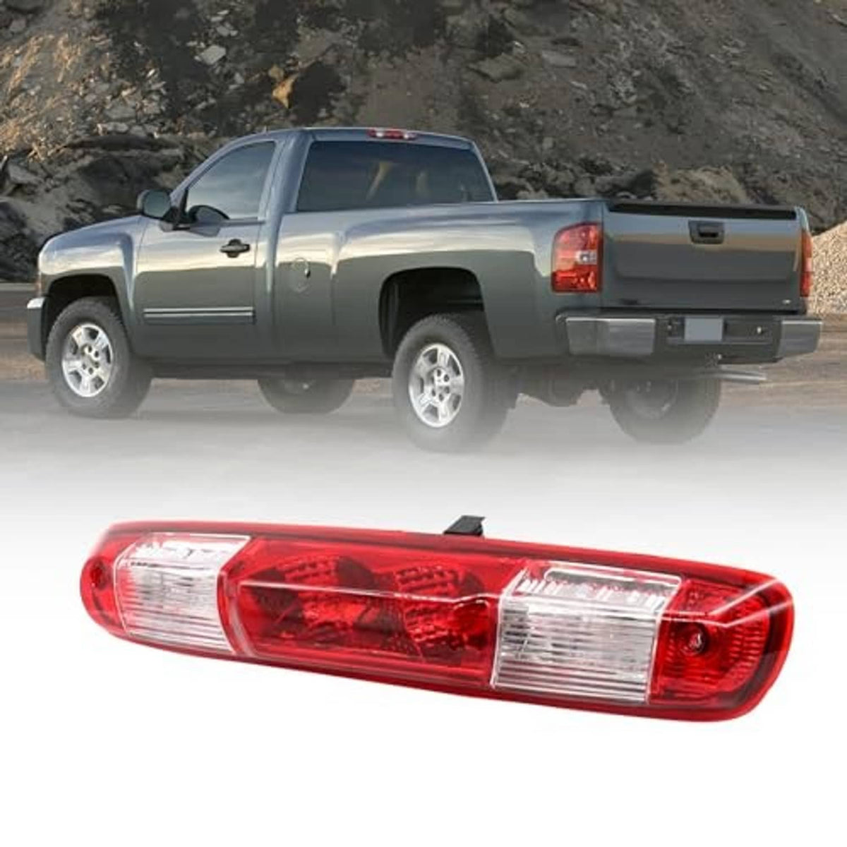 Installed red third brake light with clear outer panels on a pickup truck rear