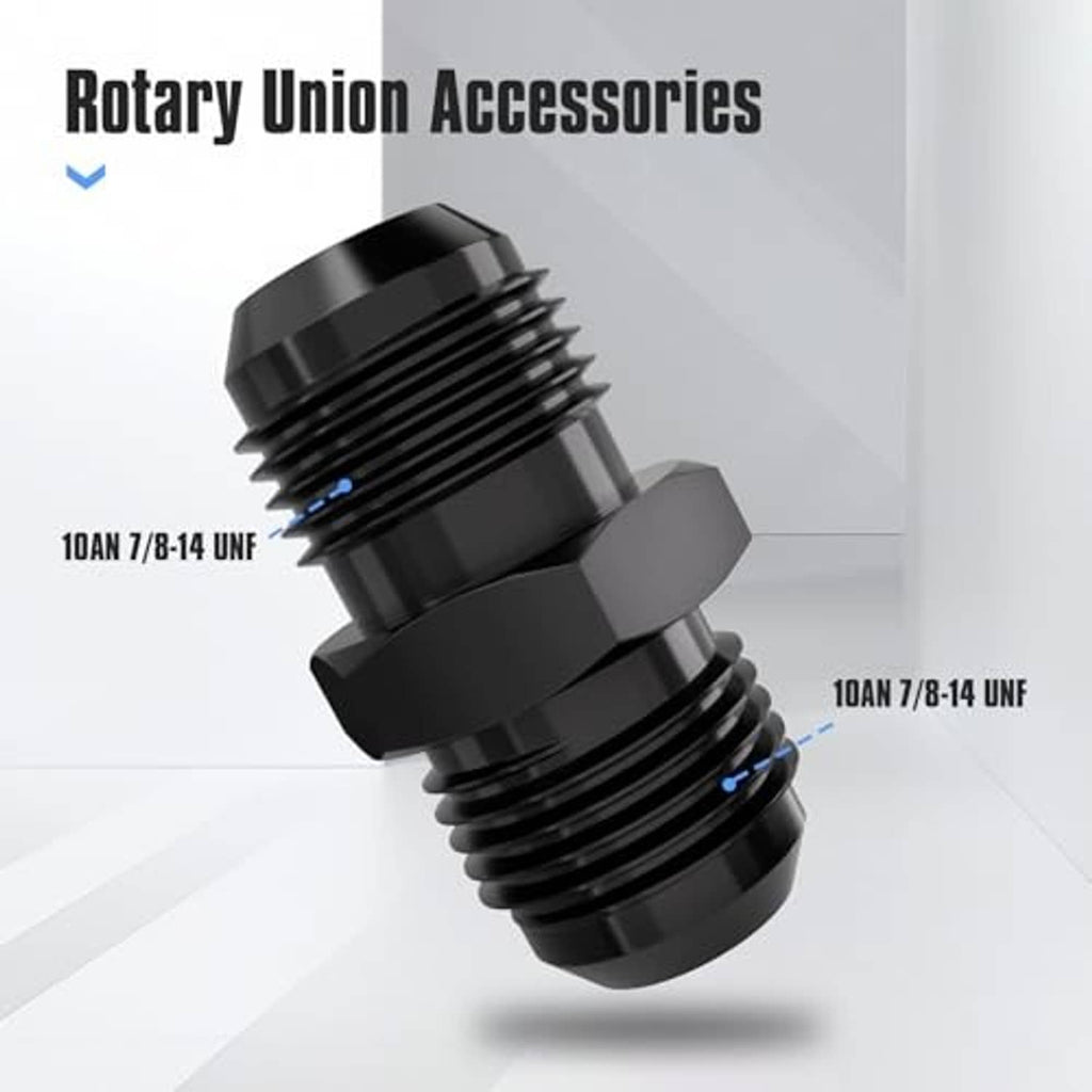 Black AN10 flare straight fitting, straight connector with flared threads and hex collar.