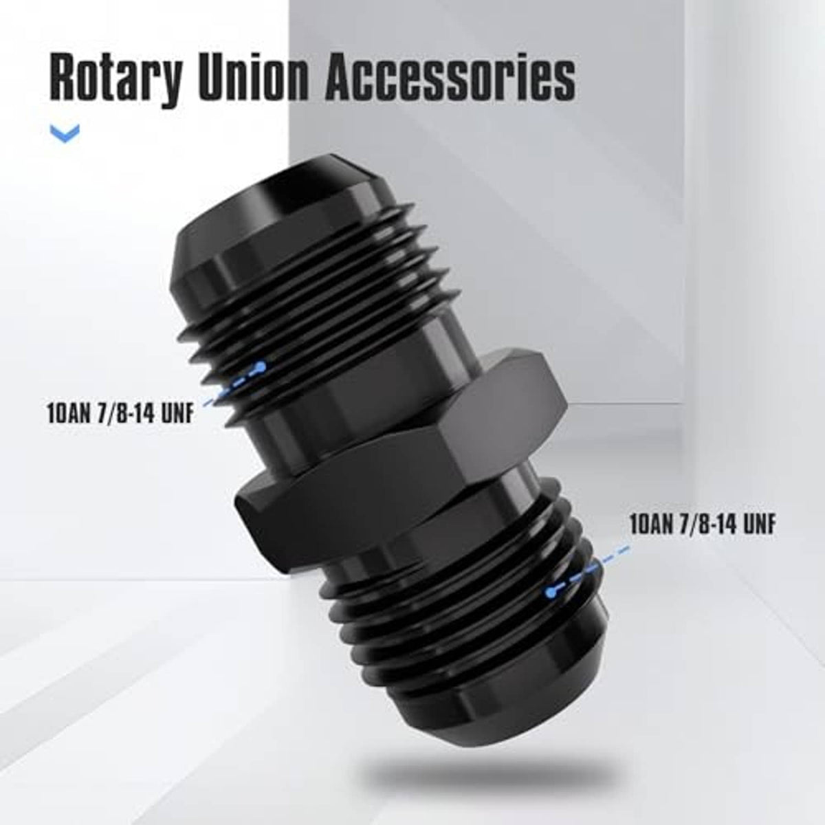 Black AN10 flare straight fitting, straight connector with flared threads and hex collar.