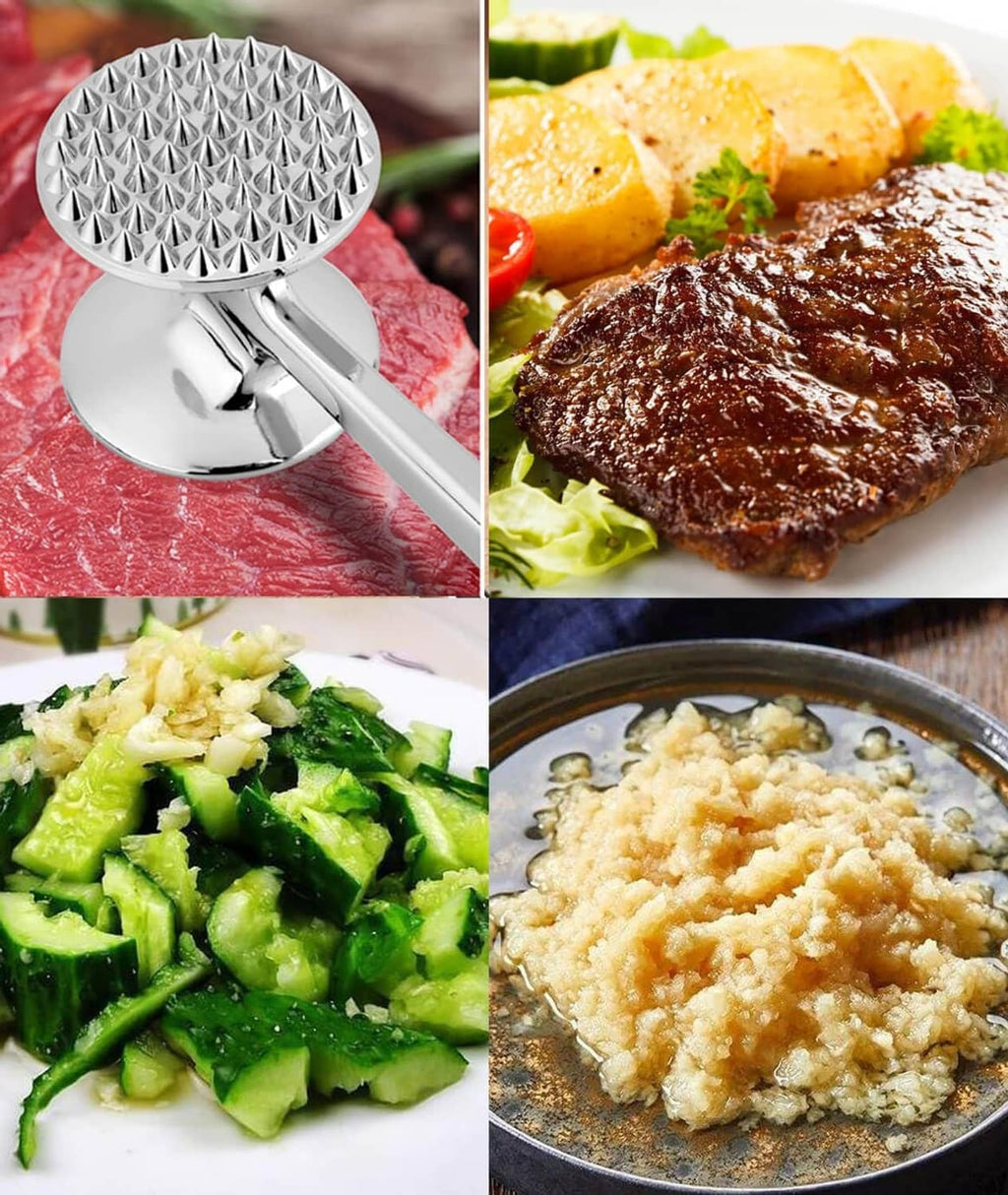 Double-sided meat tenderizer hammer with textured and flat heads for tenderizing and pounding