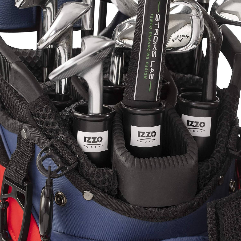 Golf club tube set in golf bag, black tubes with IZZO white labels