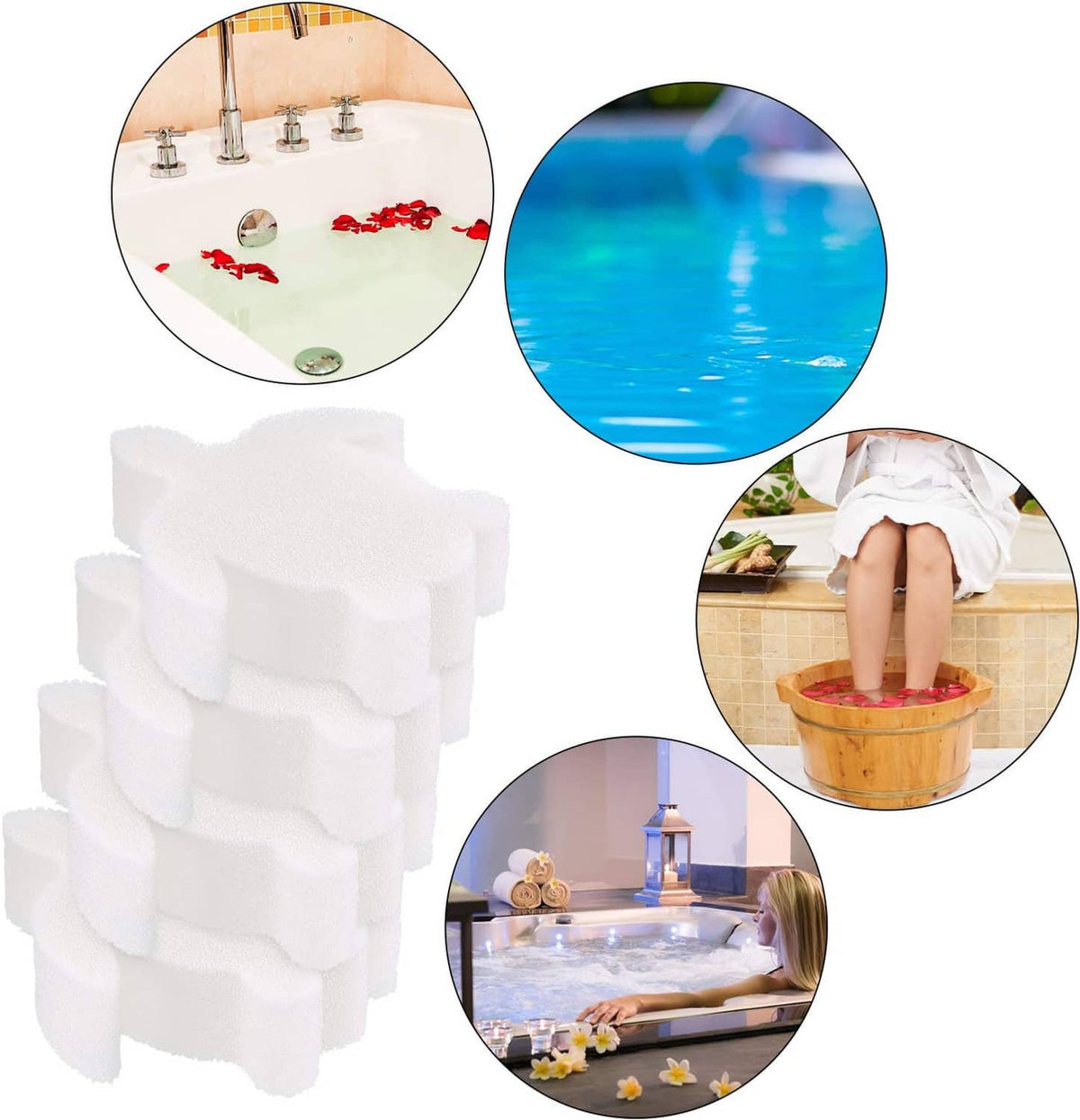 White turtle foam sponges with multiple hot tub use images in a collage