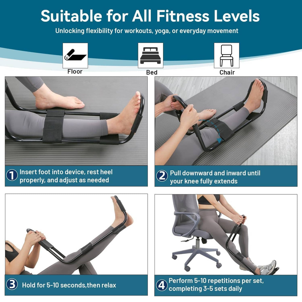 Black stretching device with foot insert and leg support straps for exercises