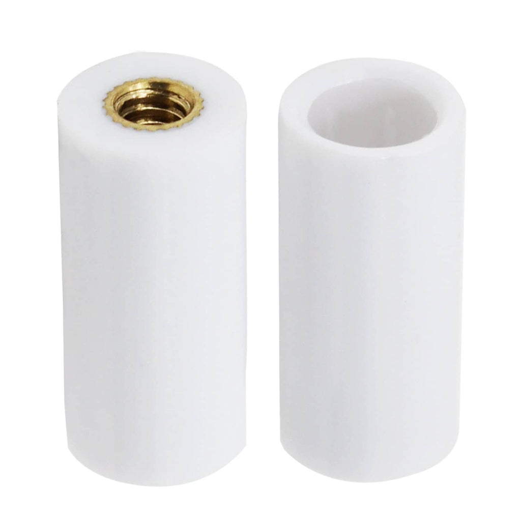 Billiard cue tip bases with exposed brass threaded insert inside white cylinder