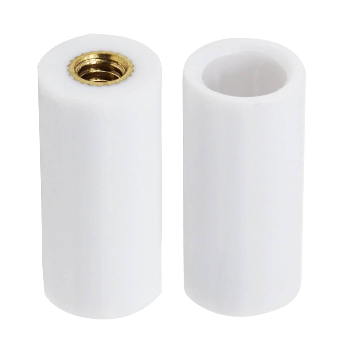 Billiard cue tip bases with exposed brass threaded insert inside white cylinder