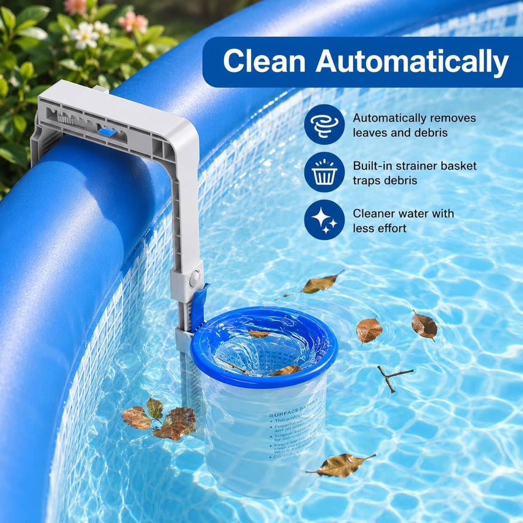 Above-ground pool surface skimmer collecting leaves in a blue floating basket
