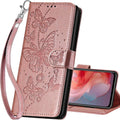 Pink butterfly embossed flip wallet case with wrist strap, phone screen and folio stand