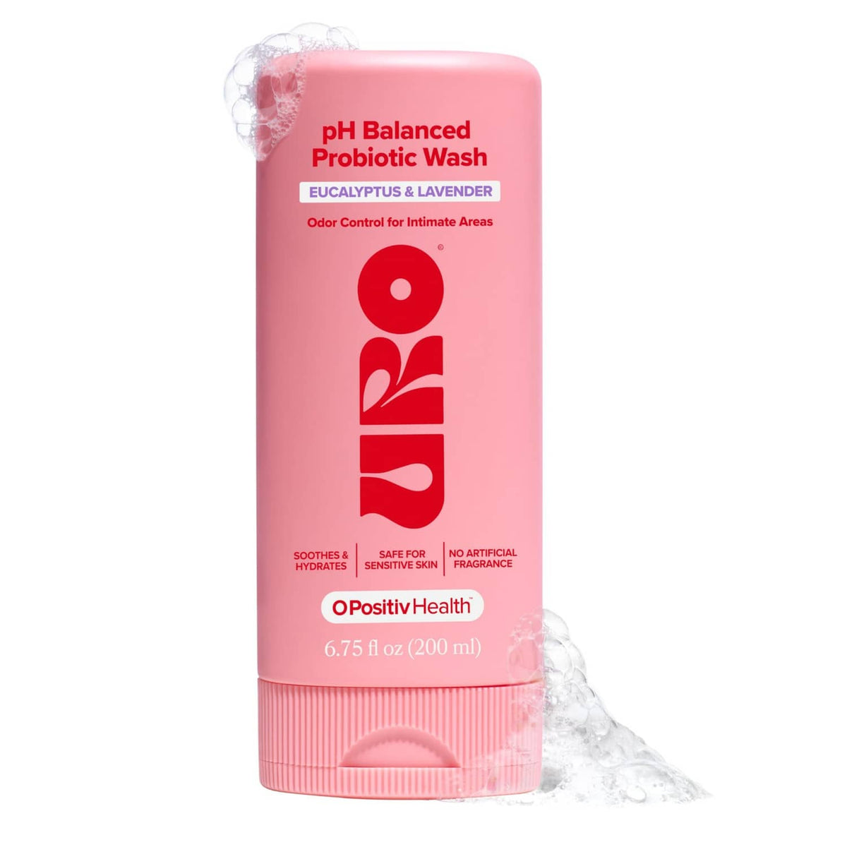 pH-balanced probiotic wash bottle, pink, 6.75 fl oz, front label and cap view