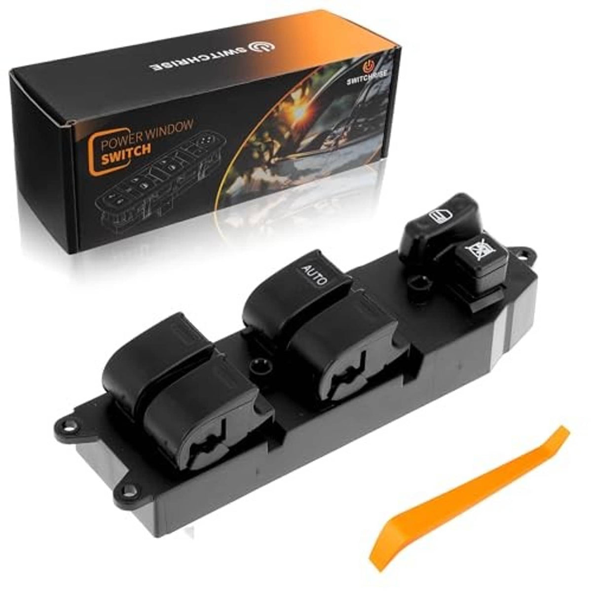 Black power window switch with AUTO button, window lock control, and orange pry tool