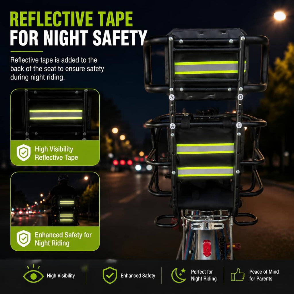 Rear child bike seat with bright reflective stripes on backrest for night visibility
