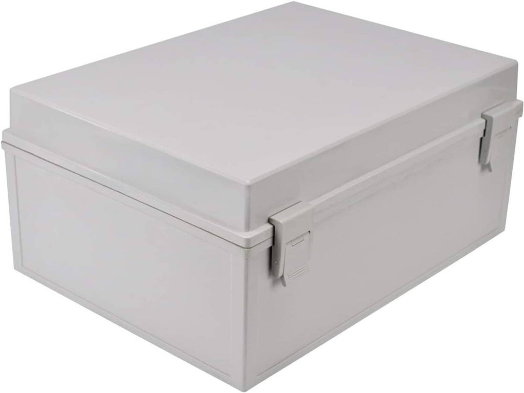 Grey electrical junction box with hinged lid and latch, moisture-sealed design