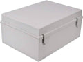 Grey electrical junction box with hinged lid and latch, moisture-sealed design