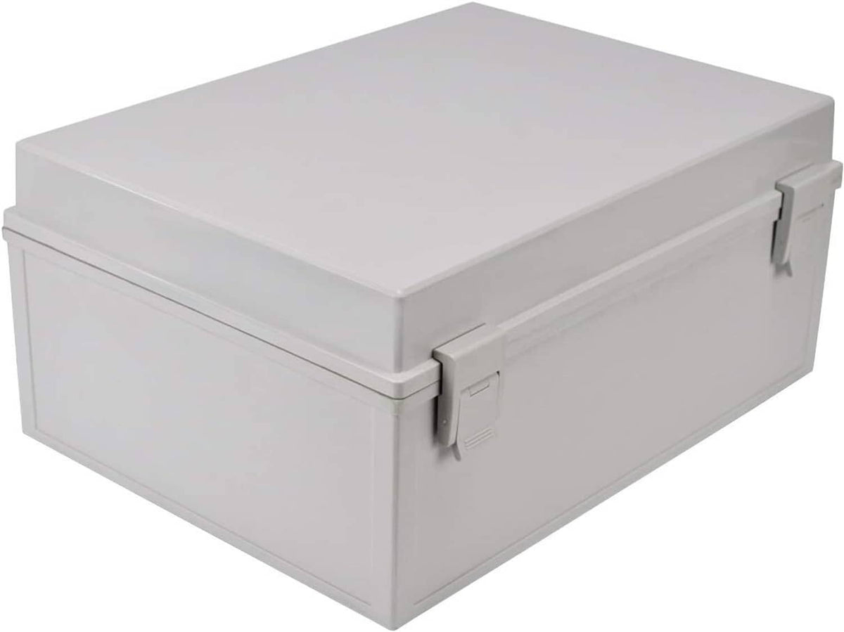 Grey electrical junction box with hinged lid and latch, moisture-sealed design