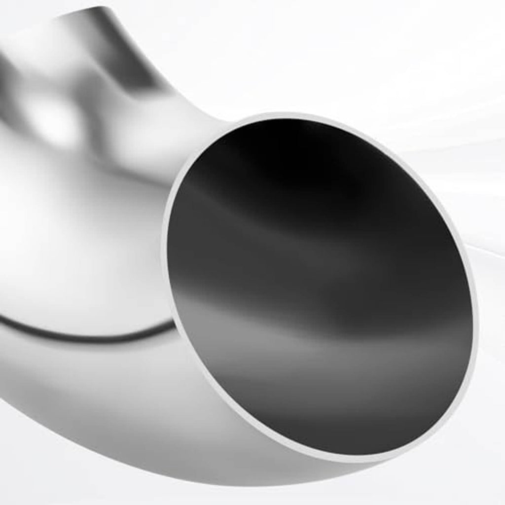 Polished stainless steel 90° mandrel bend elbow, dark bore interior, open end view