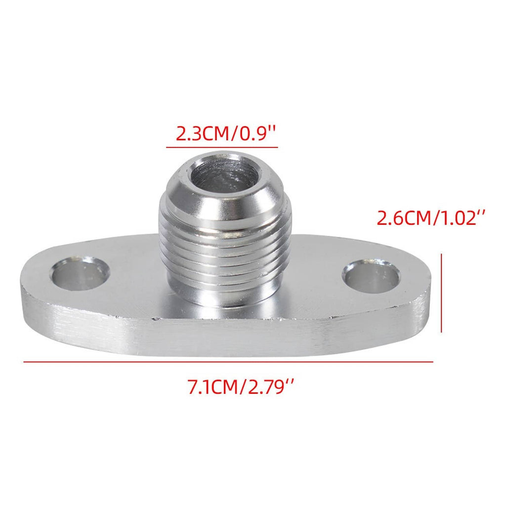 Turbo oil drain outlet flange adapter, silver metal fitting on mounting base
