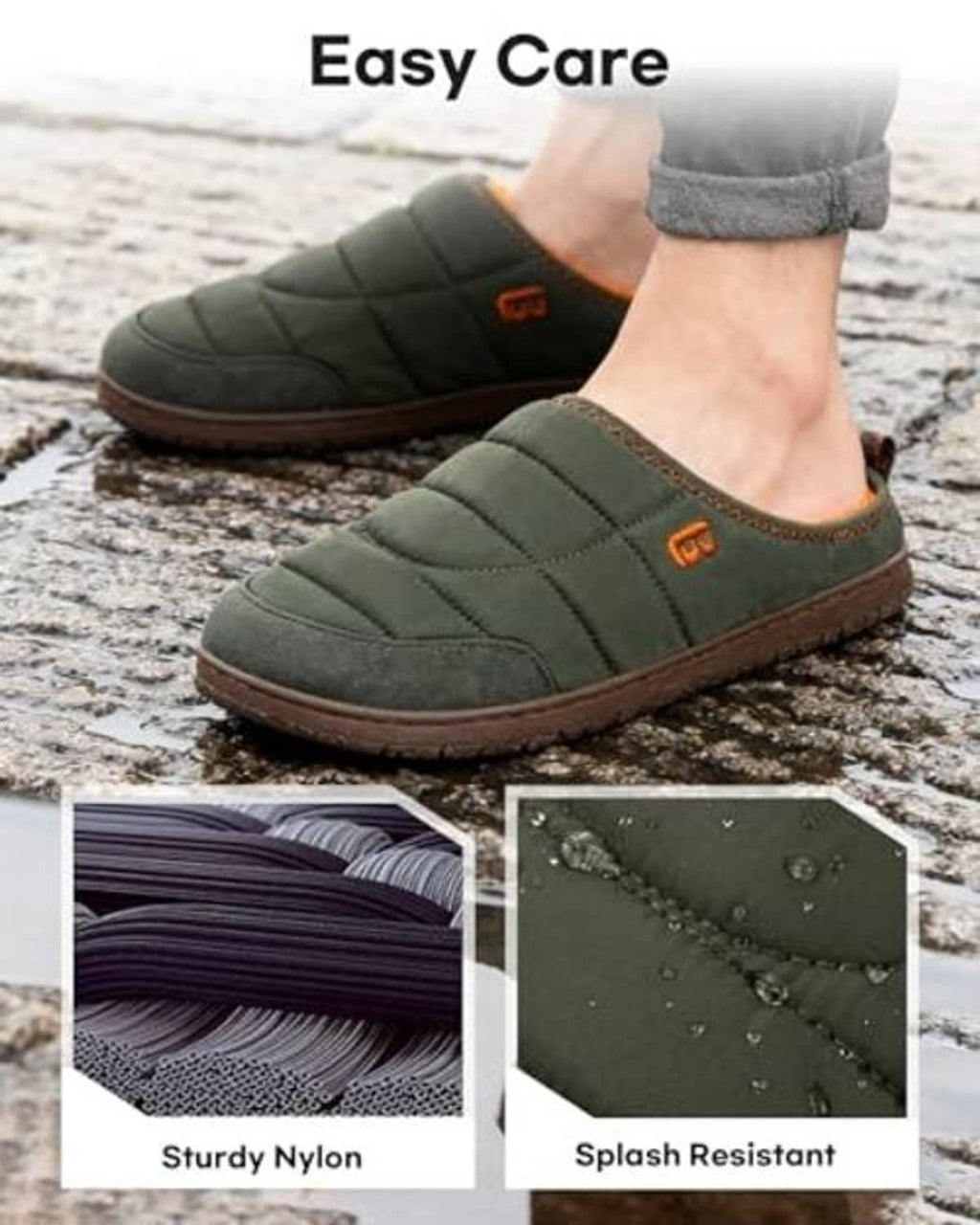 Dark green slip-on slippers with orange logo, textured brown sole, outdoors