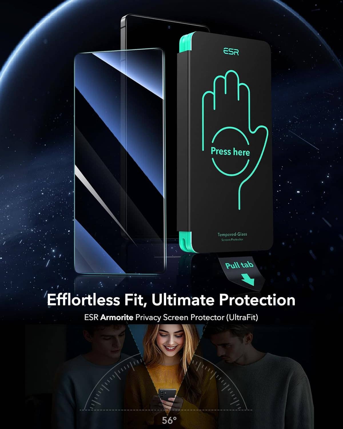 Tempered glass privacy screen protectors with ESR branding and pull tab