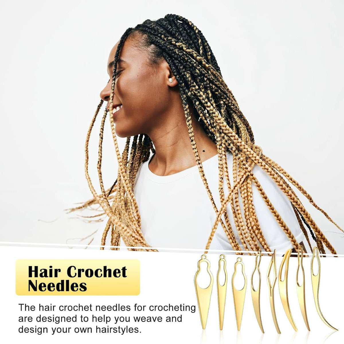 Gold hair crochet needle set, 8 pieces, oval loop heads with curved hook tips