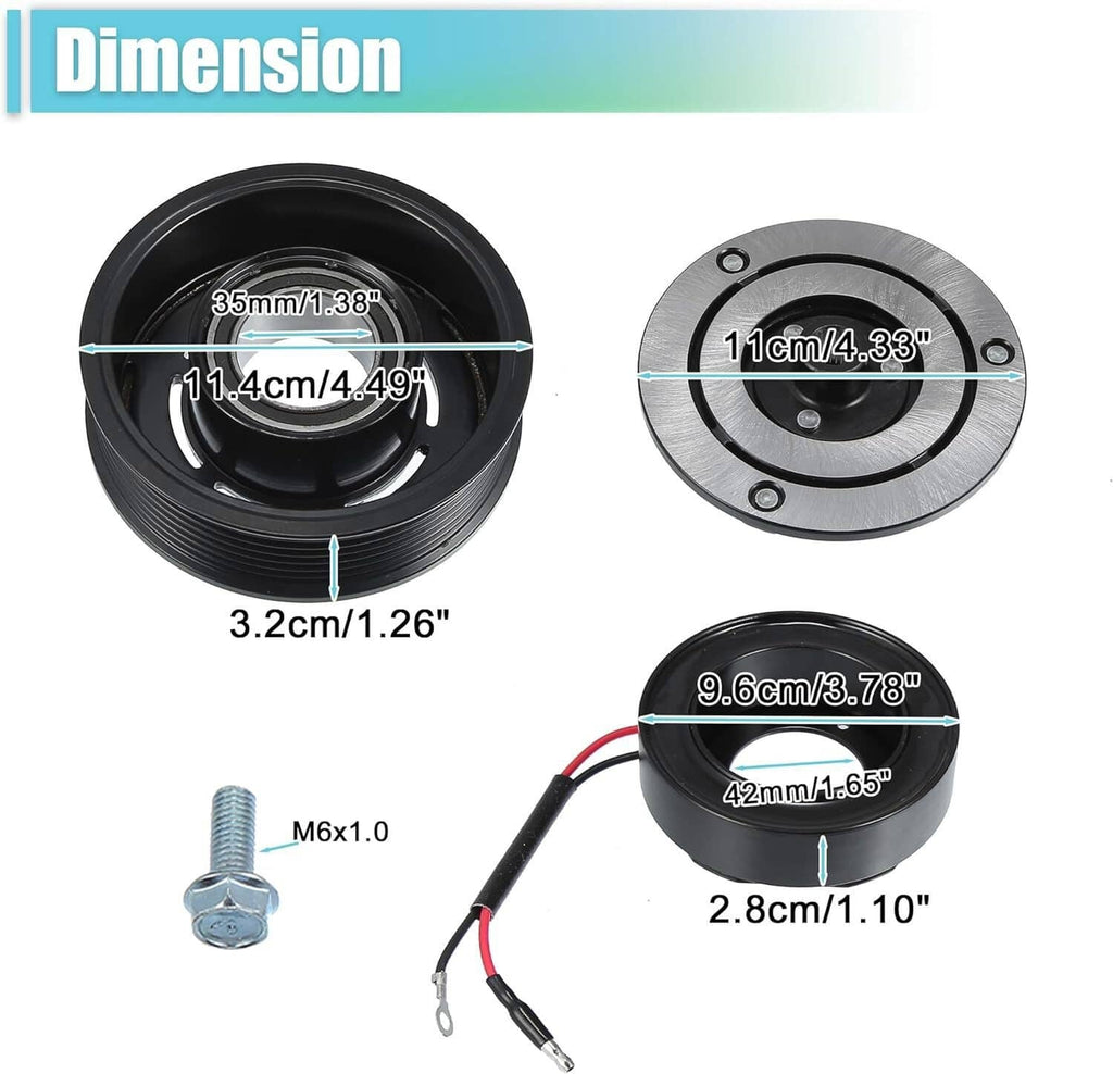 AC compressor clutch kit includes black pulley, silver clutch plate, bolt, and wire coil