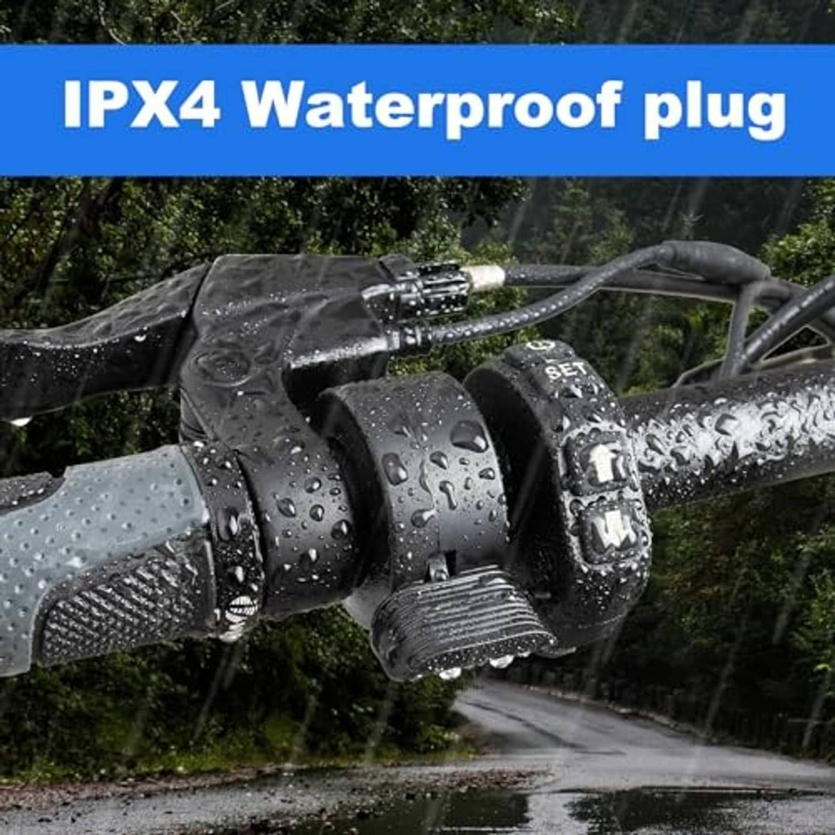 Waterproof thumb throttle grip with sealed connector on e-bike handlebars in rain