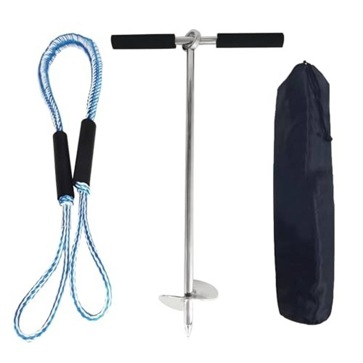 Sand anchor kit with spiral auger, blue rope line, black grips, and black storage bag