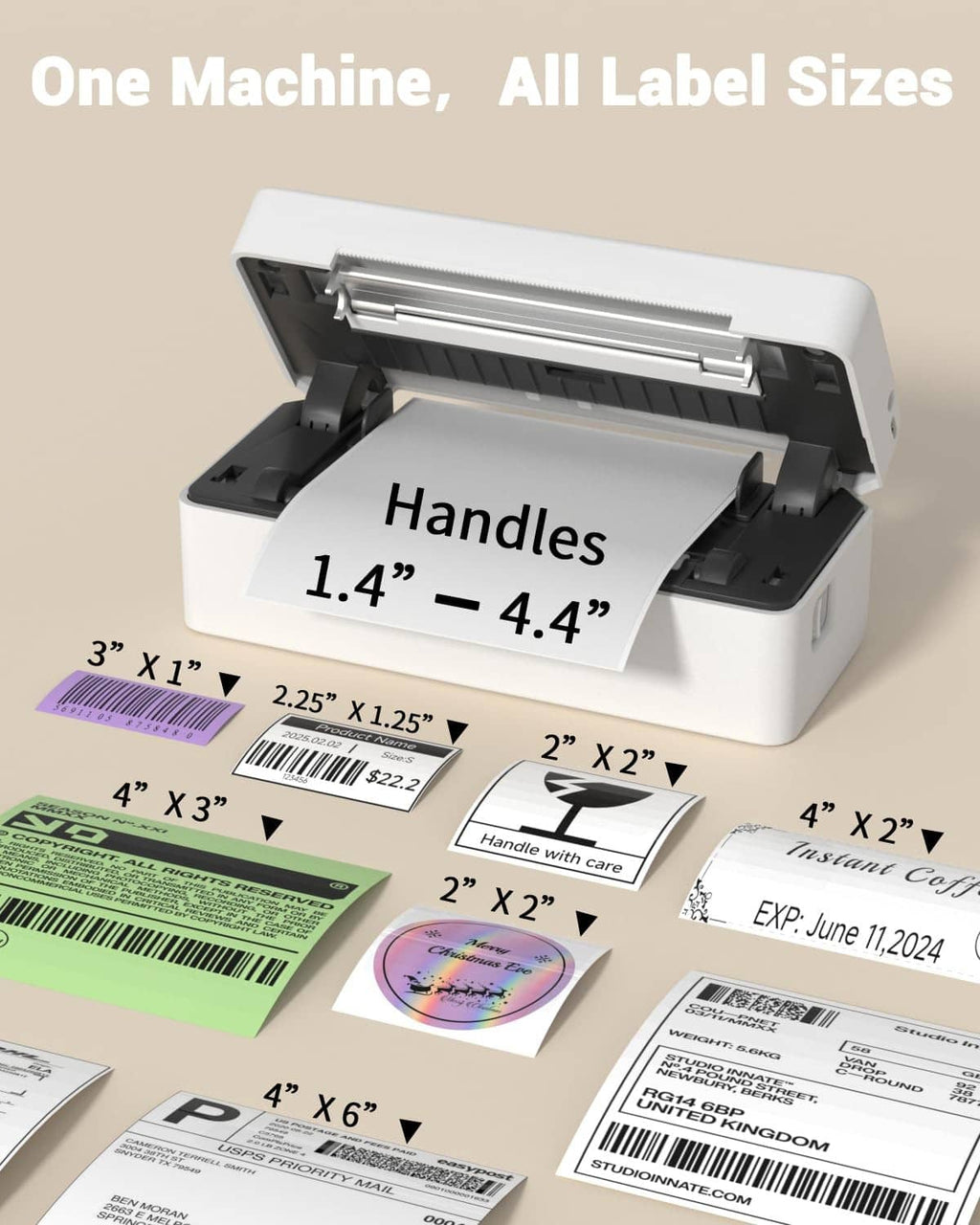 Thermal label printer showing multiple supported label sizes and widths on label sheets