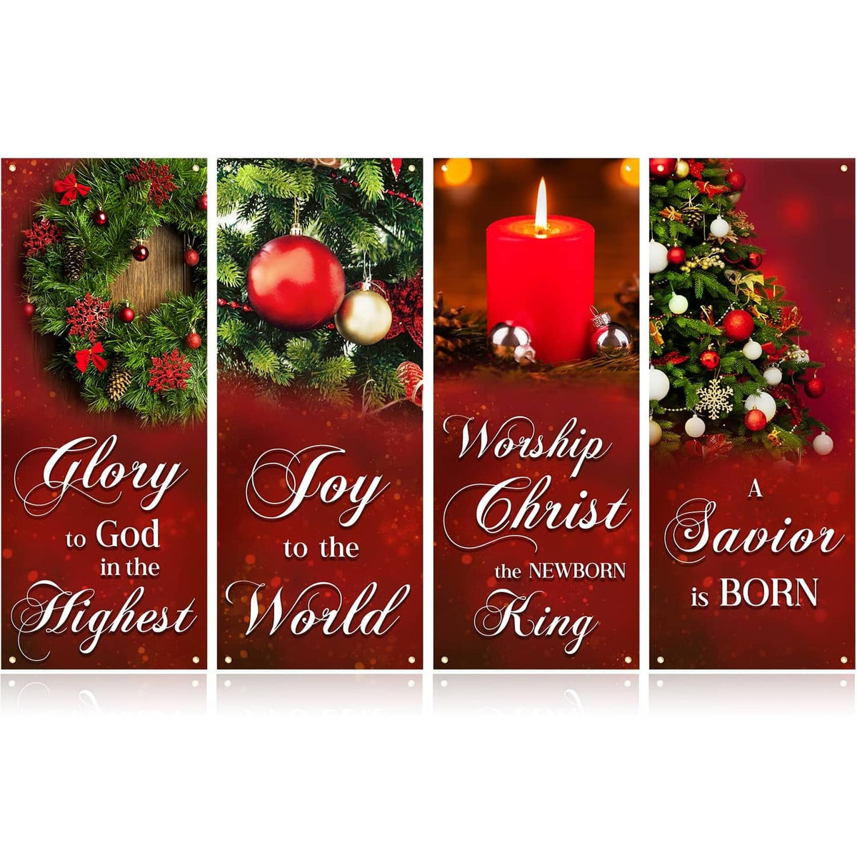 Set of four Christmas church banners with red fabric and gold script wording
